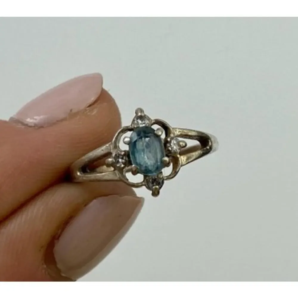 925 Sterling Silver Blue Spinel & CZ Ring Size 6.75